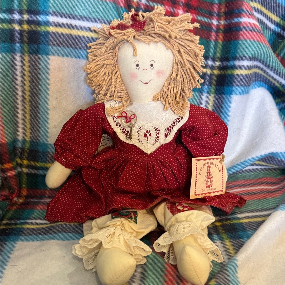 Handmade Primitive Rag Doll with Vintage Doily trim Red Dress farmhouse